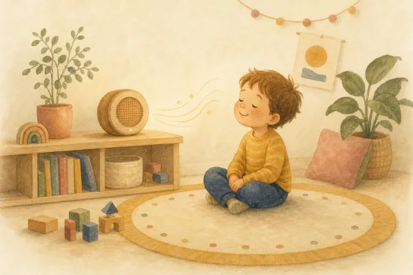 Kind hört im Kinderzimmer eine Geschichte am Lautsprecher