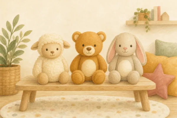 Die Plüschtiere Schaf, Bär und Hase nebeneinander
