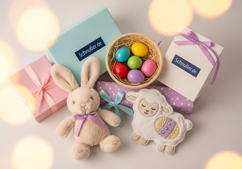 Pastellfarbene Ostergeschenke für Babys mit Häschen und bunten Eiern