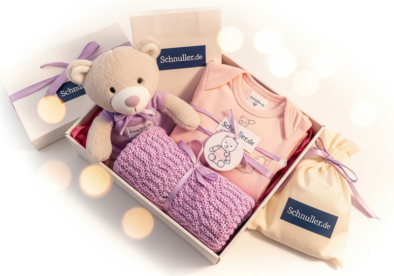 Liebevoll verpackte Babygeschenke zur Geburt mit Kuscheltier, Strampler und Babydecke
