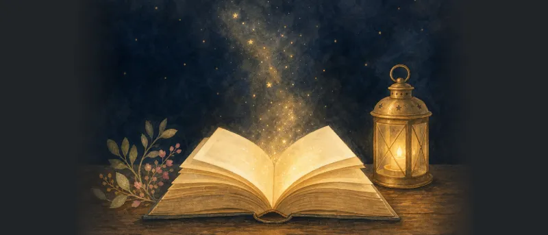 Märchen: Aufgeschlagenes Märchenbuch mit warmem Licht und Laterne auf einem Holztisch
