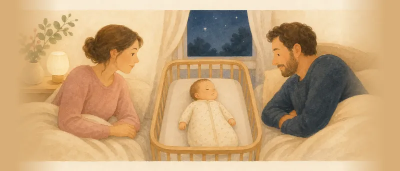 Baby schlafen legen: abgedunkeltes Elternschlafzimmer mit Babybett, Schlafsack und Nachtlicht